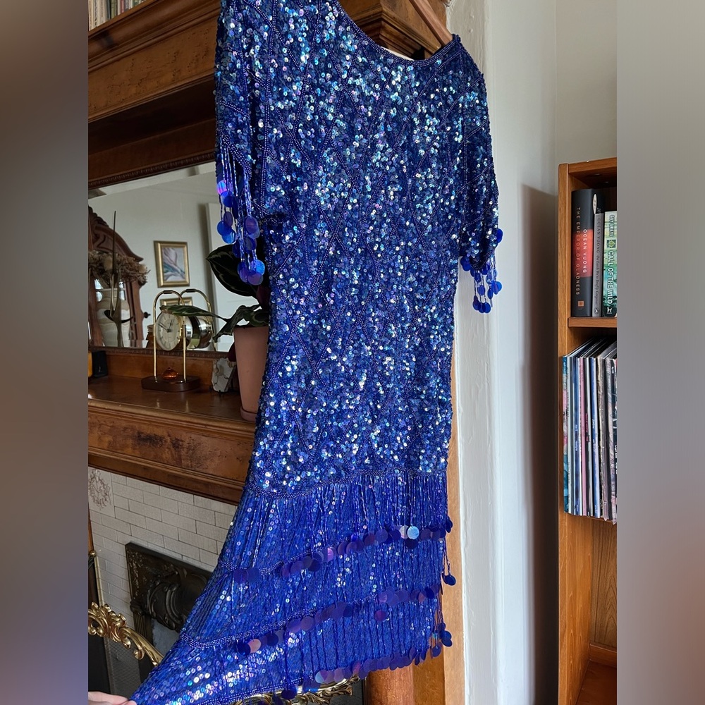 VTG Scala blue sequin, beaded evening dress size L - Picture 2 of 6